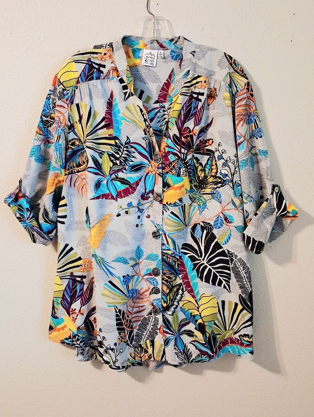 Parsley & Sage Tropical 3/4 Roll Tab Sleeves Button Front Blouse Size XL Resort
